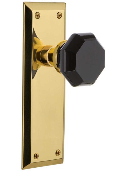 New York Door Set with Colored Waldorf Crystal Glass Knobs Black in Un-Lacquered Brass.